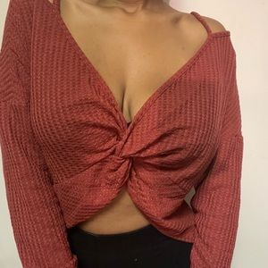 SHEIN XL Rose Peekaboo Shoulders Front Knotted Long Sleeve Sweater Top